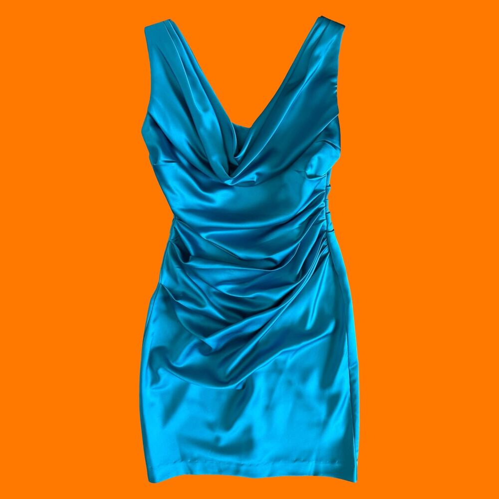 00's vintage blue satin cowl neck prom y2k mini dress Size 2 David's Bridal